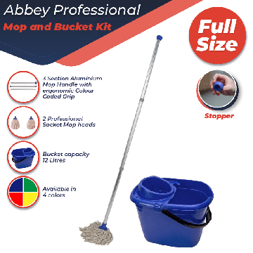 Abbey Professional 12L Mop Bucket Kit with Wringer, Handle and Mop Heads Blue, Complete Professional Mop Set