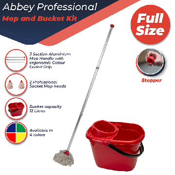 Abbey Professional 12L Mop Bucket Kit with Wringer, Handle and 2 Mop Heads Red, Complete Professional Mop Set